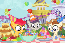 Size: 1261x843 | Tagged: safe, artist:swiftgaiathebrony, derpibooru import, apple bloom, scootaloo, sweetie belle, birthday, birthday party, cutie mark crusaders, hat, next generation, parent:sweetie belle, party, party hat, piñata