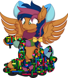 Size: 6137x7052 | Tagged: safe, artist:cyanlightning, derpibooru import, oc, oc only, oc:solar comet, pegasus, pony, .svg available, absurd resolution, bow, ear fluff, ears, error, femboy, glitch, male, pibby, simple background, solo, transparent background, vector