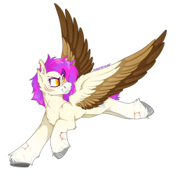 Size: 2300x2300 | Tagged: safe, alternate version, artist:molars, derpibooru import, oc, oc:molars, pegasus, pony, bitemarks, chest fluff, fluffy, flying, ponysona, scar, simple background, solo, spread wings, torn ear, transparent background, unshorn fetlocks, wings