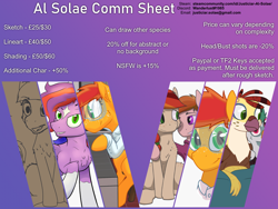 Size: 1600x1200 | Tagged: safe, artist:al solae, derpibooru import, oc, earth pony, griffon, hippogriff, pegasus, pony, advertisement, colored, commission info, female, griffon oc, male, mare, reference sheet, sketch, stallion