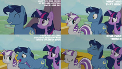 Size: 1280x720 | Tagged: safe, derpibooru import, edit, edited screencap, editor:quoterific, screencap, night light, twilight sparkle, twilight sparkle (alicorn), twilight velvet, alicorn, pony, unicorn, once upon a zeppelin, season 7, ^^, bag, eyes closed, female, implied princess luna, male, mare, open mouth, open smile, saddle bag, smiling, stallion, text, trio