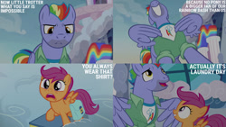 Size: 1280x720 | Tagged: safe, derpibooru import, edit, edited screencap, editor:quoterific, screencap, bow hothoof, scootaloo, pegasus, pony, parental glideance, season 7, bag, duo, female, filly, foal, grin, male, nose in the air, open mouth, open smile, saddle bag, smiling, spread wings, stallion, text, wings