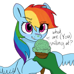 Size: 1000x1000 | Tagged: safe, artist:redruin01, color edit, derpibooru import, edit, mint chip, rainbow dash, oc, oc:anon, human, pegasus, pony, (you), colored, cute, dashabetes, dialogue, eye clipping through hair, eyebrows, eyebrows visible through hair, female, food, hand, holding, human male, human oc, ice cream, ice cream cone, ice cream on nose, looking at you, male, mare, offscreen character, pov, simple background, smiling, smirk, spread wings, talking, talking to viewer, transparent background, wings