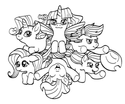Size: 2078x1729 | Tagged: safe, artist:doodlenotespictures, derpibooru import, applejack, fluttershy, pinkie pie, rainbow dash, rarity, twilight sparkle, twilight sparkle (alicorn), alicorn, earth pony, pegasus, seapony (g4), unicorn, applejack's hat, clothes, cowboy hat, eyes closed, female, fin wings, fins, fish tail, flowing mane, happy, hat, horn, lineart, mane six, mare, open mouth, seaponified, seapony applejack, seapony fluttershy, seapony pinkie pie, seapony rainbow dash, seapony rarity, seapony twilight, simple background, smiling, species swap, swimming, tail, white background, wings