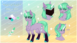 Size: 3288x1856 | Tagged: safe, artist:honeybbear, derpibooru import, oc, oc:glitter pen, pony, unicorn, colored horn, female, horn, mare, reference sheet, solo