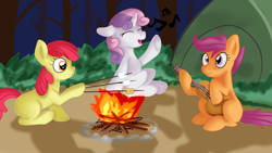 Size: 1920x1080 | Tagged: safe, artist:jbond, derpibooru import, apple bloom, scootaloo, sweetie belle, earth pony, pegasus, pony, unicorn, bonfire, campfire, cutie mark crusaders, eyes closed, female, filly, fire, foal, food, forest, guitar, marshmallow, musical instrument, night, note, open mouth, singing, tent, tongue, tongue out, tree, tree branch
