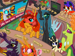 Size: 4000x3000 | Tagged: safe, alternate version, artist:ja0822ck, derpibooru import, queen chrysalis, thorax, oc, bug pony, centipede, changedling, changeling, changeling queen, cockroach, fly, insect, kaiju, kaiju pony, ladybug, mantis, moth, pony, atlas moth, computer, female, glare, godzilla (series), jumping spider, king thorax, laptop computer, mothra, ponified, queen chrysalis is not amused, sitting, size difference, squint, television, unamused, unicorn beetle, unshaded