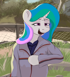 Size: 1000x1096 | Tagged: safe, artist:sv37, derpibooru import, princess celestia, pony, semi-anthro, clothes, jacket, meme, open mouth, open smile, ponified, shirt, smiling, solo