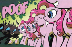 Size: 583x380 | Tagged: safe, artist:andypriceart, derpibooru import, edit, idw, pinkie pie, changeling, earth pony, pony, the return of queen chrysalis, spoiler:comic01, angry, clone, cropped, disguise, disguised changeling, fangs, female, horn, mare, pinkie clone, poof, shapeshifting, smiling, transformation