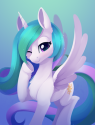 Size: 1485x1959 | Tagged: safe, artist:dusthiel, derpibooru import, princess celestia, alicorn, pony, chest fluff, female, looking at you, mare, one eye closed, smiling, smiling at you, solo, wink, winking at you
