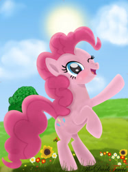 Size: 1280x1707 | Tagged: safe, artist:thedarktercio, derpibooru import, pinkie pie, earth pony, pony, bipedal, cloud, cute, female, flower, one eye closed, open mouth, open smile, rearing, smiling, solo, sun, wink