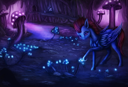 Size: 4610x3135 | Tagged: safe, artist:seven9988, derpibooru import, oc, oc only, oc:scarlet sky, pegasus, pony, cave, glowing, mushroom, river, scenery, solo, water