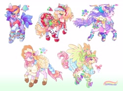 Size: 3164x2360 | Tagged: safe, artist:roccoco_co, derpibooru import, morning glory, butterfly, earth pony, pegasus, g2, berry bright, blushing, cap, clever clover, clothes, converse, dress, happy, hat, petal blossom, redesign, shoes, sky skimmer, smiling, socks, spread wings, sunglasses, wings