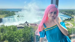 Size: 2048x1152 | Tagged: safe, artist:darknightprincess, artist:magicalmysticva, derpibooru import, fluttershy, human, clothes, cosplay, costume, dress, gala dress, hotel room, irl, irl human, neighagra falls, photo, solo, vacation, window