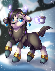 Size: 900x1165 | Tagged: safe, artist:mychelle, derpibooru import, oc, oc:russet quartz, hybrid, original species, coffee cup, cup, interspecies offspring, magic, male, offspring, parent:prince rutherford, parent:rarity, snow, solo, yakony