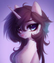 Size: 1458x1708 | Tagged: safe, artist:shenki, derpibooru import, oc, oc only, hybrid, pony, unicorn, bust, cheek fluff, chest fluff, ear fluff, ears, eye clipping through hair, eyebrows, eyebrows visible through hair, eyelashes, female, gradient background, horn, looking at you, mare, oc name needed, portrait, smiling, smiling at you, solo, unicorn oc