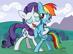 Size: 1070x795 | Tagged: safe, artist:reconprobe, derpibooru import, rainbow dash, rarity, pegasus, pony, unicorn, duo, hug