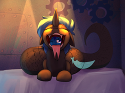 Size: 1792x1330 | Tagged: safe, artist:cornelia_nelson, derpibooru import, part of a series, part of a set, oc, oc only, oc:buzzie, oc:delly, lamia, original species, pony, unicorn, bedsheets, commission, eyes closed, female, fetish, forked tongue, mare, mawshot, one eye closed, open mouth, oral vore, smiling, soft vore, story included, tired, tongue, tongue out, vore, willing vore