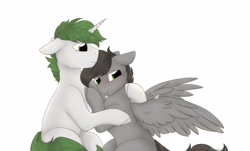 Size: 2304x1392 | Tagged: safe, artist:mariashek, derpibooru import, oc, oc:dante fly, undead, vampire, cute, gay, half bat pony, hug, male, oc x oc, shipping, shy, simple background, white background