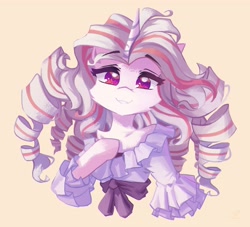 Size: 3375x3062 | Tagged: safe, artist:saxopi, derpibooru import, oc, oc only, oc:celia montigre, earth pony, semi-anthro, unicorn, beige background, bipedal, bust, cheek fluff, chest fluff, clothes, commission, curls, curly hair, curly mane, dress, eyebrows, eyebrows visible through hair, eyelashes, female, high res, hoof on chest, horn, looking at you, oc name needed, simple background, smiling, smiling at you, solo, unicorn oc