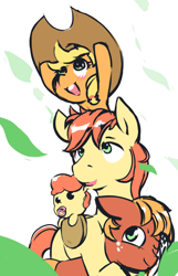 Size: 870x1354 | Tagged: safe, artist:creamyogurt, derpibooru import, apple bloom, applejack, big macintosh, bright mac, earth pony, pony, adorabloom, apple siblings, apple sisters, baby, baby apple bloom, brother and sister, cute, father, father and child, father and daughter, father and son, female, hat, jackabetes, macabetes, male, one eye closed, open mouth, open smile, pacifier, parent and child, siblings, simple background, sisters, smiling, younger