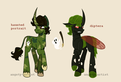 Size: 1480x999 | Tagged: safe, artist:angsty-artist, derpibooru import, oc, oc only, oc:diptera, oc:haunted portrait, changeling, pony, unicorn, changeling oc, coat markings, curved horn, cutie mark, disguise, disguised changeling, green changeling, horn, leonine tail, mullet, paintbrush, ponysona, raised hoof, raised leg, reference sheet, solo, tail, three quarter view, unshorn fetlocks