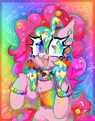 Size: 3220x4096 | Tagged: safe, artist:tinykiru, derpibooru import, pinkie pie, earth pony, pony, bracelet, chest fluff, choker, colorful, coontails, ear piercing, earring, fangs, happy, jewelry, looking at you, necklace, nose piercing, nose ring, piercing, smiley face, smiling, smiling at you, solo, spiked choker, wingding eyes