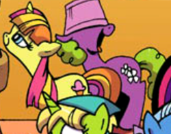 Size: 392x308 | Tagged: safe, artist:andypriceart, derpibooru import, edit, idw, bittersweet (character), daisy, flower wishes, sweetcream scoops, trixie, earth pony, pony, unicorn, spoiler:comic, spoiler:comicm03, bedroom eyes, cropped, female, flower, food, hat, horn, ice cream, katie cook, lampshade, lampshade hat, mare, smiling
