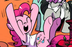 Size: 428x279 | Tagged: safe, artist:andypriceart, derpibooru import, edit, idw, lyra heartstrings, octavia melody, pinkie pie, earth pony, pony, unicorn, spoiler:comic, spoiler:comicm03, apple, basket, bowtie, cropped, eyes closed, female, food, hooves in air, lying down, mare, on back, raised hoof, raised leg, smiling
