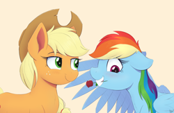 Size: 2026x1319 | Tagged: safe, artist:arcane-thunder, derpibooru import, applejack, rainbow dash, earth pony, pegasus, pony, appledash, blushing, duo, ears, female, floppy ears, flower, flower in mouth, grin, lesbian, looking at someone, looking away, mare, mouth hold, nervous, nervous grin, rose, rose in mouth, shipping, simple background, smiling