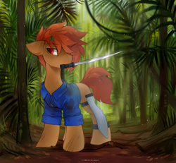 Size: 2600x2400 | Tagged: safe, artist:zlatavector, derpibooru import, oc, oc only, earth pony, pony, clothes, commission, jungle, machete, male, mouth hold, oc name needed, solo, stallion, weapon