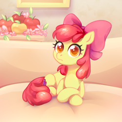 Size: 800x800 | Tagged: safe, artist:jumblehorse, apple bloom, dog, earth pony, pony, adorabloom, apple, bow, cute, doge, female, filly, foal, food, hair bow, looking at you, meme, ponified animal photo, prone, shiba inu, solo