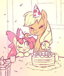 Size: 677x800 | Tagged: safe, artist:jumblehorse, apple bloom, applejack, earth pony, pony, 30 minute art challenge, adorabloom, apple sisters, birthday cake, birthday party, blushing, cake, cute, eyes closed, featured image, female, filly, foal, food, hat, mare, one eye closed, open mouth, open smile, party, party hat, siblings, sisters, smiling