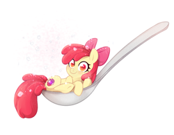 Size: 938x731 | Tagged: safe, artist:jumblehorse, apple bloom, earth pony, pony, adorabloom, colored pupils, cute, female, filly, foal, horse spooning meme, looking at you, meme, smiling, smiling at you, solo, spoon, tiny, tiny ponies