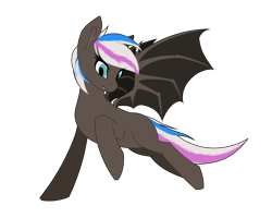 Size: 1800x1440 | Tagged: safe, artist:syntiset, derpibooru import, oc, oc only, oc:night star (nightstar), bat pony, ponybooru collab 2022, bat pony oc, bat wings, ear fluff, ears, eye clipping through hair, fangs, female, flying, full body, looking at each other, looking at someone, looking down, mare, multicolored hair, multicolored mane, multicolored tail, raised hoof, raised leg, raised wings, request, requested art, simple background, smile, smiling, solo, spread wings, tail, teeth, transparent background, two toned hair, two toned mane, two toned tail, wings