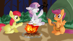 Size: 1920x1080 | Tagged: safe, artist:jbond, derpibooru import, apple bloom, scootaloo, sweetie belle, earth pony, pegasus, pony, unicorn, bonfire, campfire, cutie mark crusaders, eyes closed, female, filly, fire, foal, food, forest, guitar, marshmallow, musical instrument, night, note, open mouth, singing, tent, tongue, tongue out, tree, tree branch