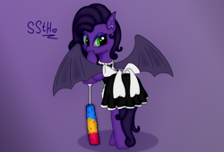 Size: 3184x2160 | Tagged: safe, artist:supershadow_th, derpibooru import, oc, oc:lazetentacles, bat pony, clothes, duster, female, green eyes, maid, mare, purple, tentacles