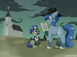Size: 1600x1200 | Tagged: safe, artist:willoillo, derpibooru import, oc, oc only, oc:p-21, oc:scotch tape, earth pony, pony, fallout equestria, fallout equestria: project horizons, blushing, butt, church, clothes, commission, cowboy hat, fanfic art, fathers day, goggles, goggles on head, hat, jumpsuit, pipboy, plot, sitting, vault suit