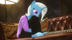 Size: 1280x720 | Tagged: safe, artist:mod-madclicker, derpibooru import, trixie, anthro, unguligrade anthro, unicorn, 3d, blushing, clothes, cute, diatrixes, female, horn, pants, shirt, sitting, solo