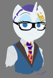 Size: 552x812 | Tagged: safe, artist:realgero, derpibooru import, rarity, anthro, unicorn, alternate hairstyle, bust, clothes, glasses, necktie, solo, suit, tattoo, valorant, video game reference