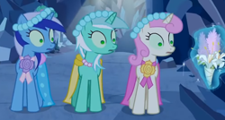 Size: 518x277 | Tagged: safe, derpibooru import, edit, edited screencap, screencap, lyra heartstrings, minuette, twinkleshine, pony, unicorn, a canterlot wedding, season 2, bouquet, bridesmaid, bridesmaid dress, clothes, crystal caverns, dress, female, flower, horn, magic, mare, mind control, youtube link