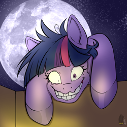 Size: 1446x1446 | Tagged: safe, artist:natt333, derpibooru import, twilight sparkle, pony, insanity, moon, signature, sky, solo, stars, twilight snapple