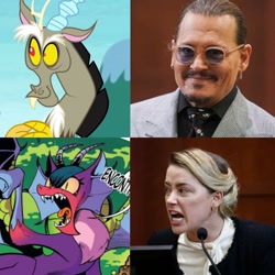 Size: 1080x1080 | Tagged: artist needed, safe, derpibooru import, idw, cosmos (character), discord, draconequus, human, amber heard, comparison, facebook, irl, irl human, johnny depp, meme, photo, screaming