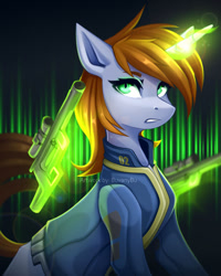 Size: 800x1001 | Tagged: safe, artist:buvanybu, derpibooru import, oc, oc only, oc:littlepip, pony, unicorn, fallout equestria, clothes, female, glowing, glowing horn, gun, handgun, horn, jumpsuit, looking at you, magic, mare, pistol, solo, telekinesis, unicorn oc, vault suit, watermark, weapon