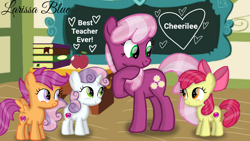 Size: 1280x720 | Tagged: safe, artist:mlplary6, derpibooru import, apple bloom, cheerilee, scootaloo, sweetie belle, earth pony, pegasus, pony, unicorn, apple, book, chalkboard, cutie mark crusaders, female, filly, foal, food, mare, smiling, teacher