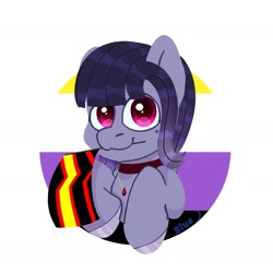 Size: 1640x1639 | Tagged: safe, artist:bluemoondancer_, derpibooru import, oc, oc:salacious allusion, pegasus, chibi, collar, jewelry, looking at you, mouth hold, necklace, nonbinary, pegasus oc, pride, pride flag, pride month, rubber pride flag, simple background, white background