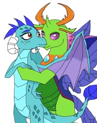 Size: 624x796 | Tagged: safe, artist:ashi, derpibooru import, princess ember, thorax, anthro, changedling, changeling, dragon, g4, dragoness, embrax, female, king thorax, male, shipping, simple background, spoilers for another series, straight, white background