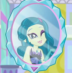 Size: 761x768 | Tagged: safe, derpibooru import, screencap, juniper montage, equestria girls, mirror magic, spoiler:eqg specials, female, mirror, one eye closed, solo