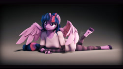 Size: 9600x5400 | Tagged: safe, artist:imafutureguitarhero, derpibooru import, sci-twi, twilight sparkle, twilight sparkle (alicorn), alicorn, anthro, classical unicorn, unguligrade anthro, art pack:pin-up paradise 2022, 3d, :p, absurd file size, absurd resolution, adorasexy, black bars, bra, bra strap, cheek fluff, chest freckles, chin fluff, chromatic aberration, clothes, cloven hooves, colored eyebrows, colored eyelashes, cute, ear fluff, ear freckles, ears, evening gloves, female, film grain, floppy ears, fluffy, freckles, fur, gloves, gradient background, hair bun, hoof fluff, hooves, horn, leonine tail, long gloves, lying down, mare, multicolored hair, multicolored mane, multicolored tail, on stomach, one ear down, one leg raised, paintover, partially open wings, pinup, revamped anthros, revamped ponies, scitwilicorn, sexy, shirt, signature, socks, solo, source filmmaker, stockings, striped gloves, striped socks, striped stockings, tail, the pose, thigh highs, tongue, tongue out, underwear, unshorn fetlocks, wall of tags, wing fluff, wing freckles, wings