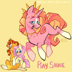 Size: 2048x2048 | Tagged: safe, artist:3ggmilky, derpibooru import, fluttershy, sunburst, oc, oc:ray shine, pegasus, pony, unicorn, blushing, coat markings, female, glasses, jewelry, male, offspring, parent:fluttershy, parent:sunburst, parents:flutterburst, simple background, socks (coat marking), straight, yellow background